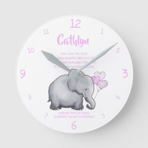 Personalised Christening Date Baby Pink Elephant Round Clock