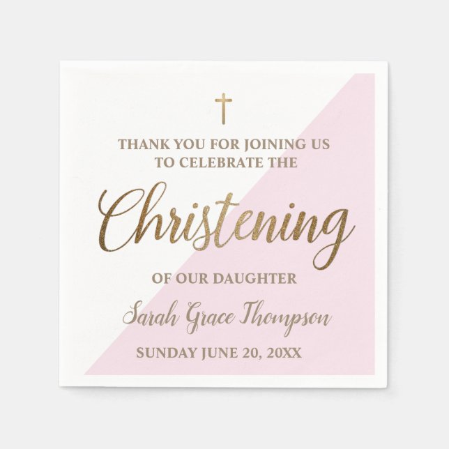 Personalised Christening Modern gold pink white Napkin (Front)