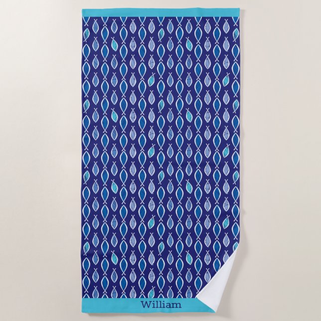 Personalised Christian Ichthys Jesus Fish Navy Beach Towel (Front)