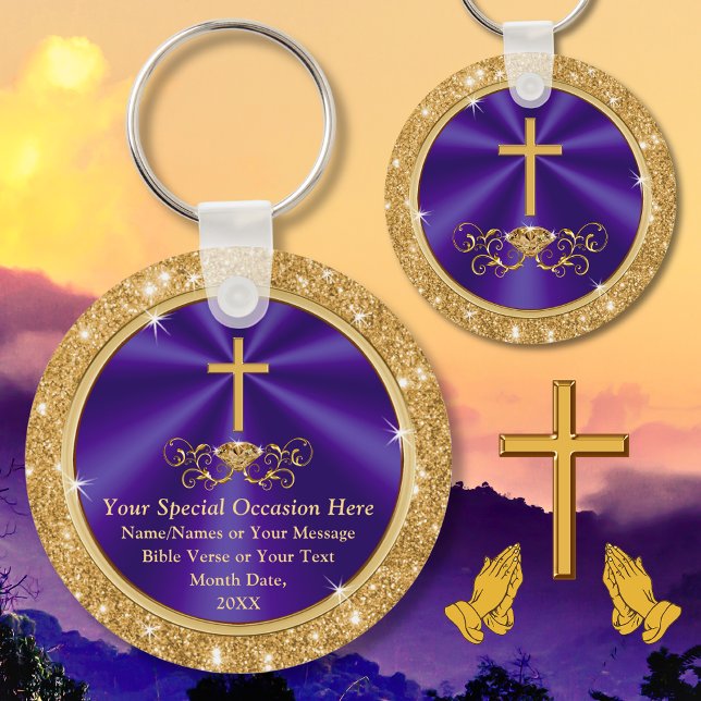 Personalised, Christian Party Favours, Any Occasio Key Ring (Church Anniversary Favors. Purple and Gold, Christian Keychains. Gifts for church members. Scripture)