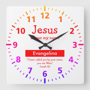 Personalised Christian Quote Colourful Kids Square Wall Clock