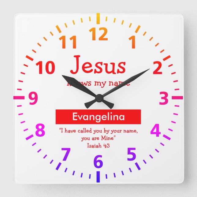 Personalised Christian Quote Colourful Kids Square Wall Clock (Front)