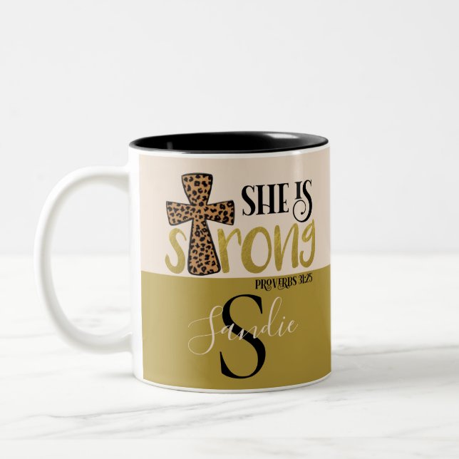 Personalised Christian She Is Strong Proverbs 31 Two-Tone Coffee Mug (Left)