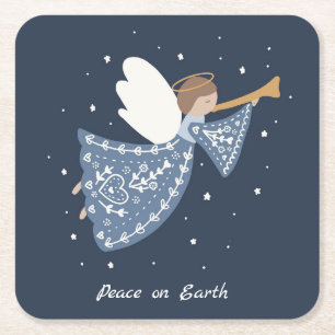 Personalised Christmas Angel Holiday Peace Earth Square Paper Coaster
