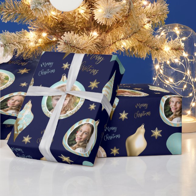 Personalised Christmas Aqua Gold Photo Ornament Wrapping Paper (Holidays)