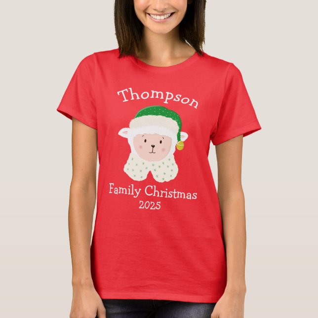 Personalised Christmas Baby Sheep Wearing Elf Hat T-Shirt (Front)