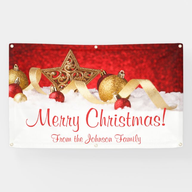 Personalised Christmas Banner Red Gold Star (Horizontal)