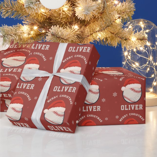 Personalised Christmas Baseball Santa Hat Name Wrapping Paper (Holidays)