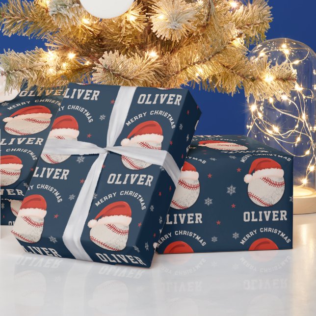 Personalised Christmas Baseball Santa Hat Name Wrapping Paper (Holidays)