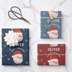 Personalised Christmas Baseball Santa Hat Name Wrapping Paper Sheet