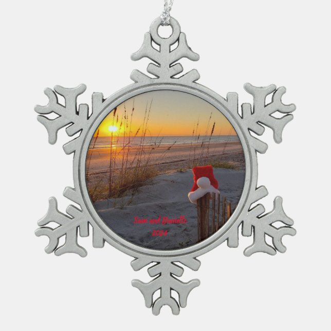 Personalised Christmas beach Santa hat Ornament (Front)