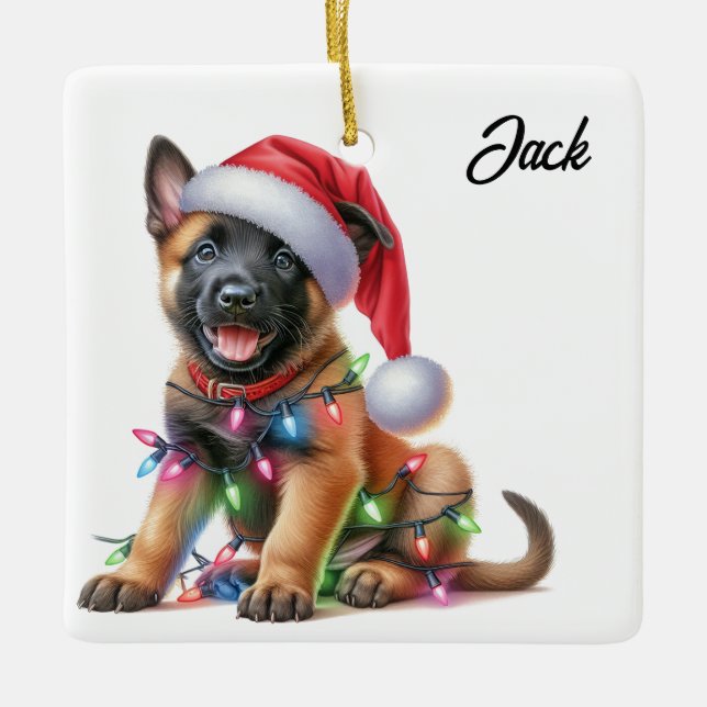 Personalised Christmas Belgian Malinois Puppy Ceramic Ornament (Front)