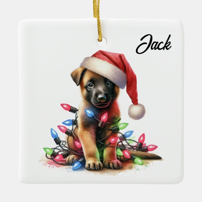 Personalised Christmas Belgian Malinois Puppy Ceramic Ornament (Front)