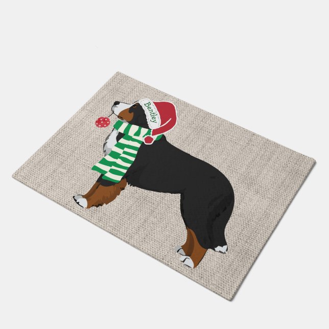 Personalised Christmas Bernese Mountain Dog Burlap Doormat (Angled)