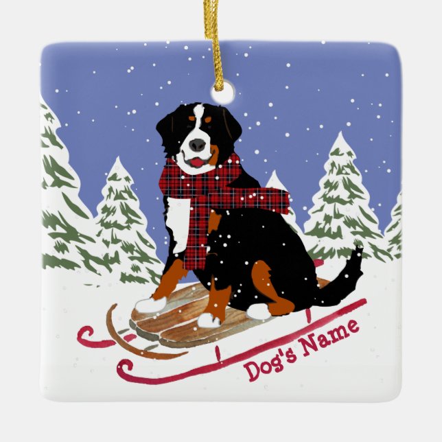 Personalised Christmas Bernese Mt Dog Sledding Ceramic Tree Decoration (Front)