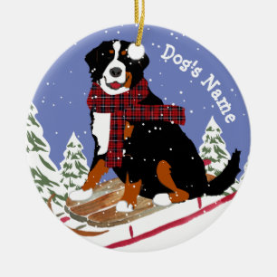 Personalised Christmas Bernese Mt Dog Sledding Ceramic Tree Decoration