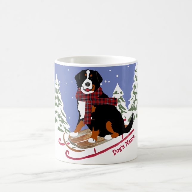 Personalised Christmas Bernese Mt Dog Sledding Coffee Mug (Center)