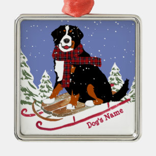 Personalised Christmas Bernese Mt Dog Sledding Metal Tree Decoration