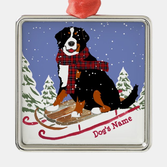 Personalised Christmas Bernese Mt Dog Sledding Metal Tree Decoration (Front)