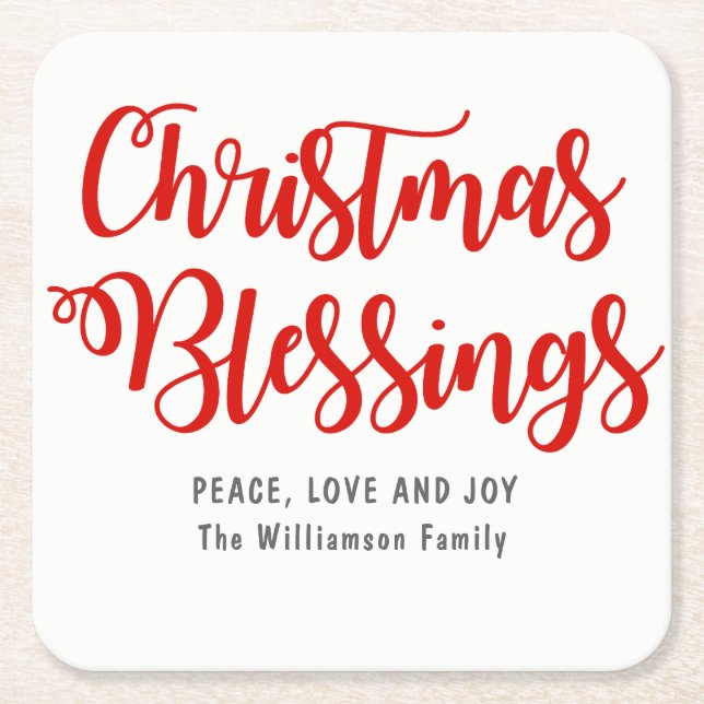 Personalised Christmas Blessings Red and White Square Paper Coaster (Front)
