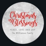 Personalised Christmas Blessings Silver and Red Classic Round Sticker<br><div class="desc">Beautiful and traditional Christmas Blessings silver envelope seal or Christmas sticker. It begins with a soft silver grey background that has soft circles and dots of light in it. Christmas Blessings is written in a holiday red script font. Peace, Love and Joy is written below. in dark grey capital letters....</div>