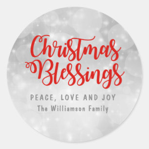 Personalised Christmas Blessings Silver and Red Classic Round Sticker