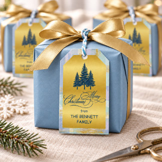 Personalised Christmas Blue Pine & Gold Plaid Gift Tags