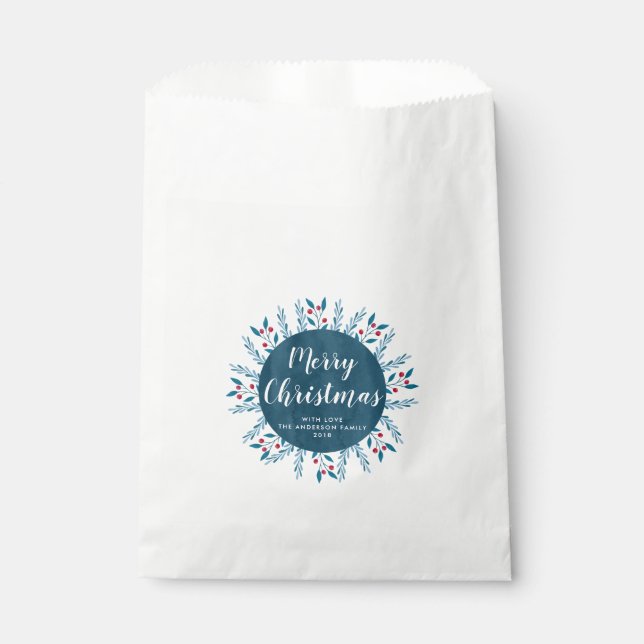 Personalised Christmas Blue Watercolor Floral Favour Bags (Front)