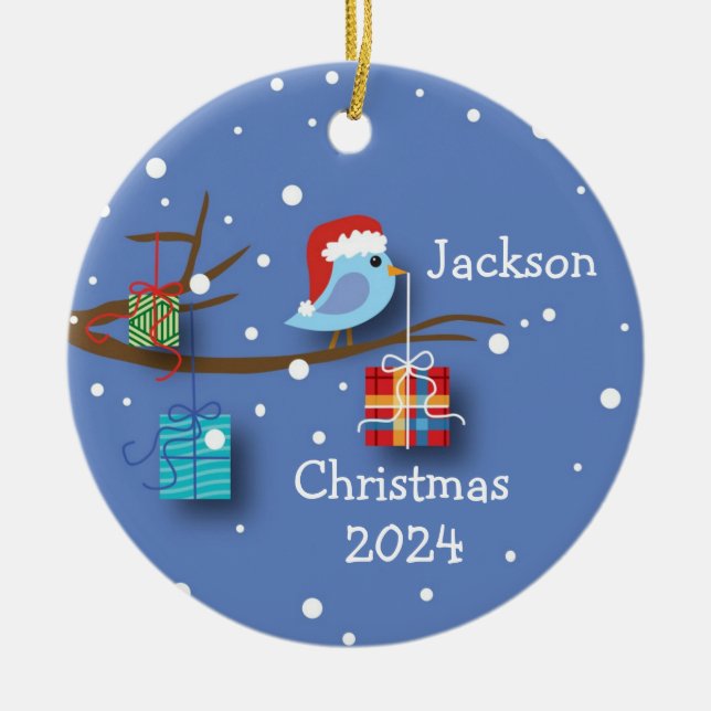 Personalised Christmas Bluebird with Gifts Ceramic Tree Decoration (Front)