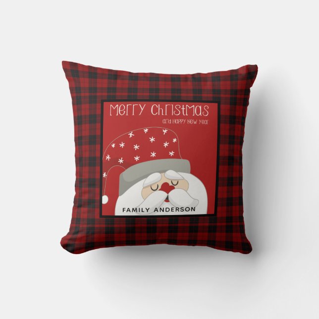 Personalised Christmas Buffalo Plaid Cute Santa Cushion (Front)