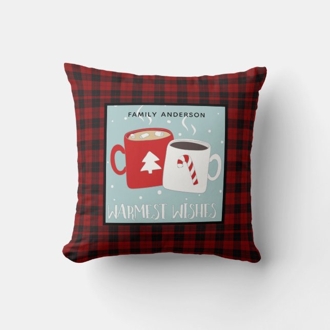 Personalised Christmas Buffalo Plaid Hot Chocolate Cushion (Front)