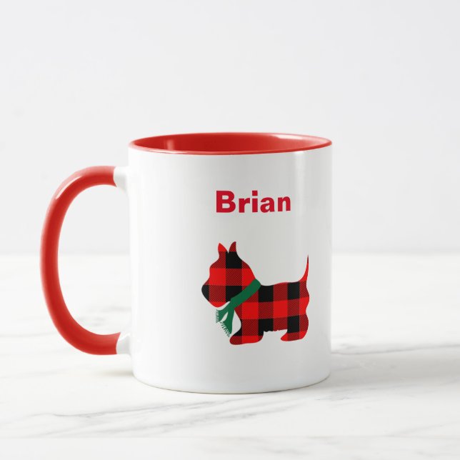 Personalised Christmas Buffalo Plaid Scottie Mug (Left)
