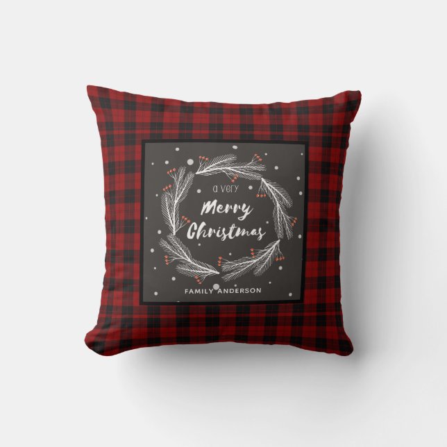 Personalised Christmas Buffalo Plaid Wreath Cushion (Front)