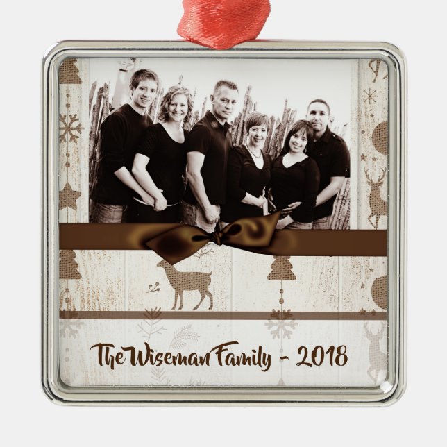 Personalised Christmas Burlap Deer PHOTO Ornament (Front)