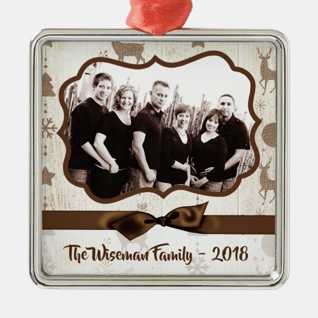 Personalised Christmas Burlap Deer PHOTO Ornament (Front)