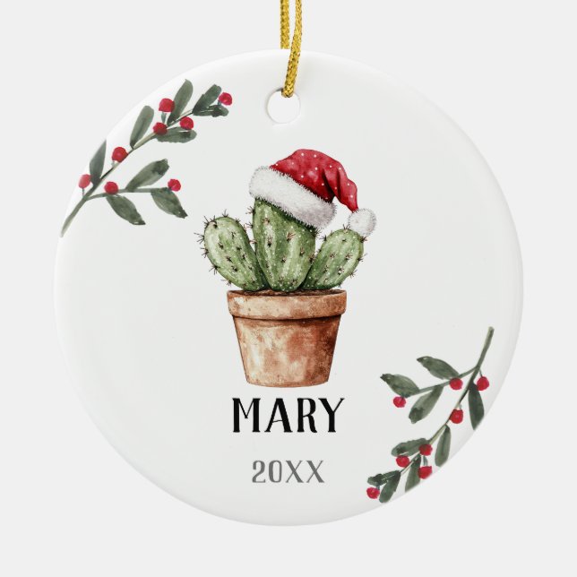 Personalised Christmas Cactus Keepsake Gift Ceramic Tree Decoration (Front)