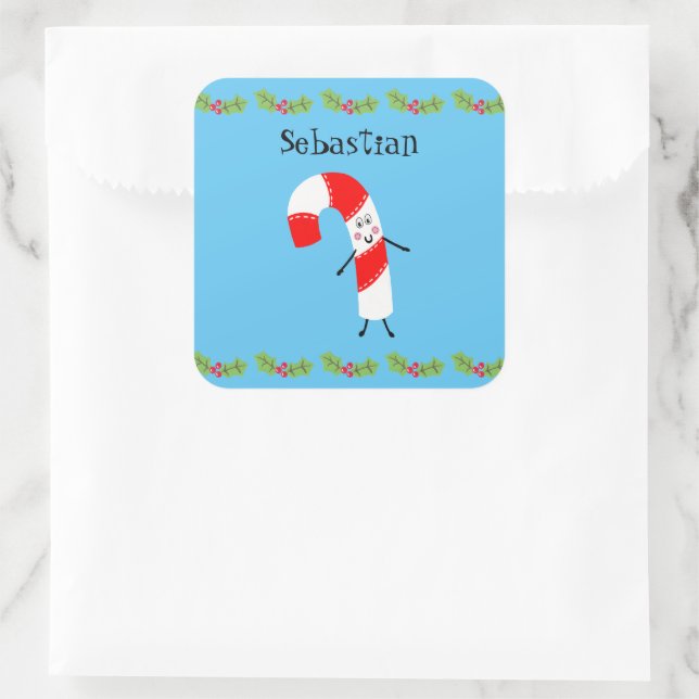 Personalised Christmas Candy Cane Square Sticker (Bag)