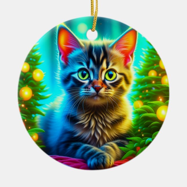 Personalised Christmas Cat and Christmas Trees Ceramic Tree Decoration (Front)