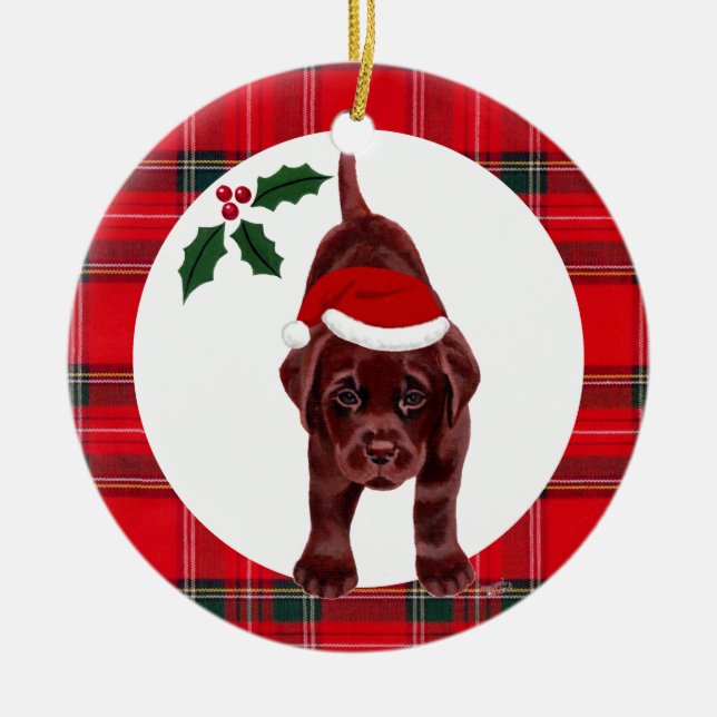 Personalised Christmas Chocolate Lab Puppy Ceramic Tree Decoration (Front)