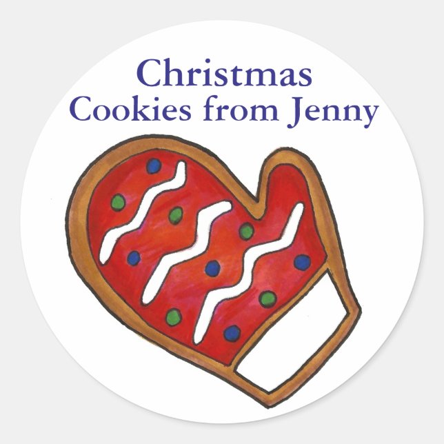 Personalised Christmas Cookie Baking Red Mitten Classic Round Sticker (Front)