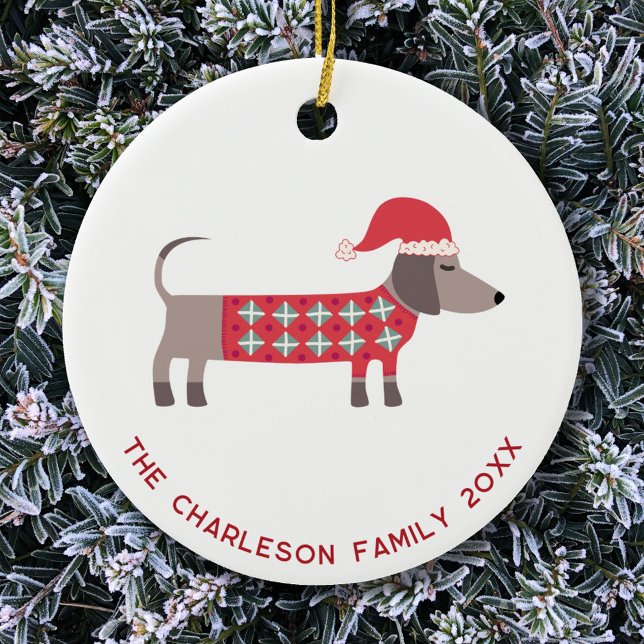 Personalised Christmas Dachshund Dog Fun  Ceramic Tree Decoration (Dachshund dog Christmas personalized family name date ceramic ornament)