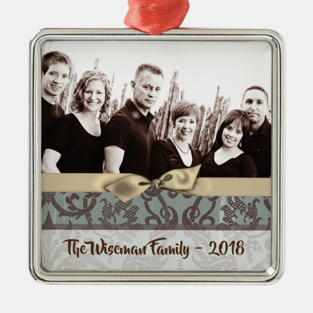 Personalised Christmas Damask Winte PHOTO Ornament (Front)