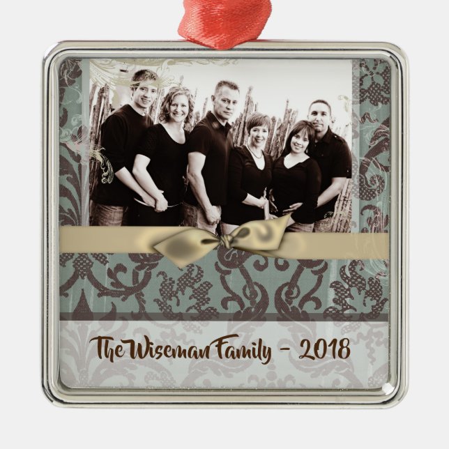 Personalised Christmas Damask Winte PHOTO Ornament (Front)