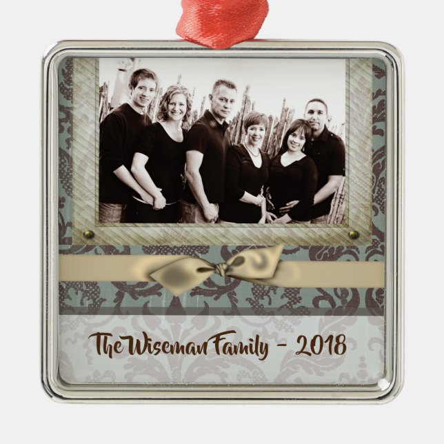 Personalised Christmas Damask Winte PHOTO Ornament (Front)