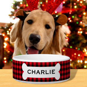 Personalised Christmas Dog Bowl Red Buffalo Plaid