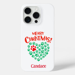 Personalised Christmas Dog Paw Heart Red & Green iPhone 15 Pro Case