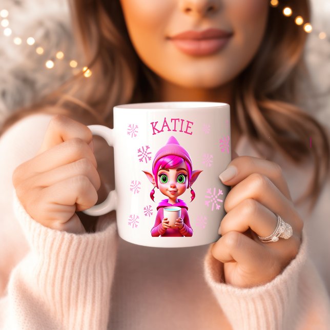 Personalised Christmas Elf Pink Snowflakes Holiday Coffee Mug (Creator Uploaded)