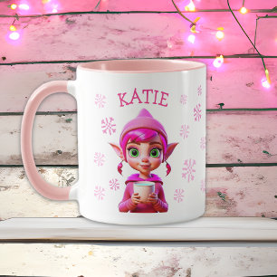 Personalised Christmas Elf Pink Snowflakes Holiday Mug