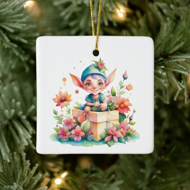 Personalised Christmas Elf Watercolor Illustration Ceramic Ornament (Tree)
