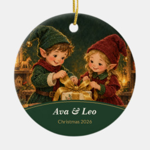 Personalised Christmas Elves Sibling Ceramic Tree Decoration